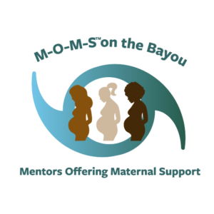 Hurricane symbol with the silhouettes of three pregnant women in the eye of the hurricane; text for MOMS on the Bayou